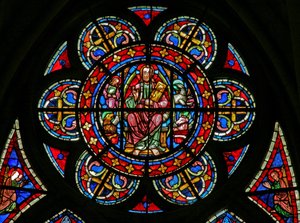 Finestra w200 raffigurante una rosetta: Cristo circondato dai simboli degli Evangelisti da French School
