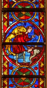 Scena dalla vita di San Tommaso: un leone attacca il coppiere mentre raccoglie acqua e gli rimuove il braccio
