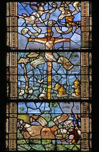 Cristo sulla croce circondato da scene di campagna ispirate a Virgilio. Finestra donata da Thomas Mangin