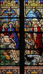 Finestra w4 raffigurante la Discesa dalla Croce con il donatore François de Montmorency e Santa Françoise da French School
