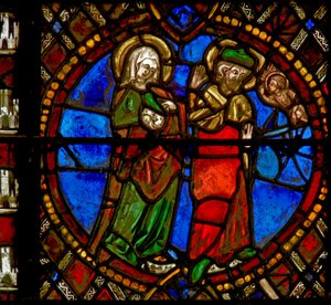 Finestra w6 che raffigura una scena della Vita della Vergine Maria: Giuseppe è rassicurato