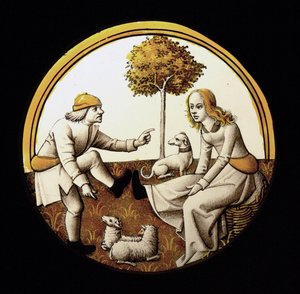 Finestra w70 raffigurante Soggetto incerto (il Jeu de quintaine?) da French School
