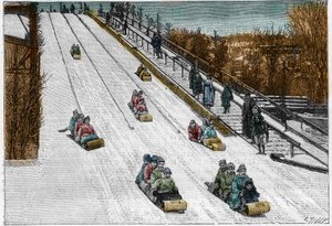 Giochi e sport invernali: la discesa del Tobogan, montagne russe nel Parco di Montreal, Canada. Incisione in "La Nature. Revue des sciences et de ses applications aux arts et à l