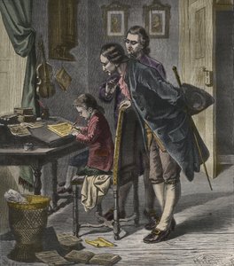 Wolfgang Amadeus Mozart che scrive un concerto alla presenza di suo padre, Leopold, illustrazione da 