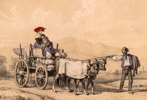 Donna e Bambino in Abiti Tradizionali su un Carro Pieno di Sacchi, c.1840 da French School