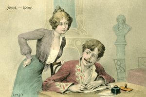 Donna che sorprende un uomo a scrivere una lettera