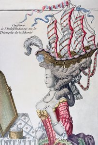 Donna in abito da giorno con acconciatura a la Belle Poule, periodo dell
