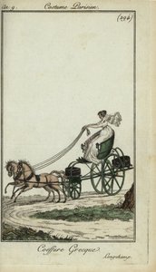 Donna con acconciatura greca che guida una carrozza a Longchamp