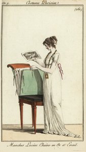 Donna che guarda un portfolio di incisioni da French School