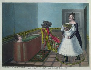 Donna che fa il bagno mentre la sua cameriera nasconde segretamente un voyeur, inizio XIX secolo da French School