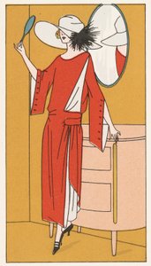 Donna con abito in crêpe rosso e cappello bianco degli anni 
