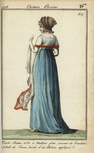 Donna con scialle trasparente alla moda del 1798 (incisione a mano su rame) da French School