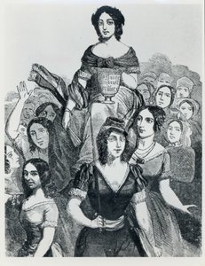 Donne che portano Jeanne Deroin in trionfo, da Les Femmes Celebres, volume I, Parigi, Mazenod, 1848 da French School