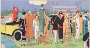 Moda femminile alle corse degli stilisti Jeanne Lanvin, Jean Patou, Premet, Georges Doeuillet (litografia a colori)