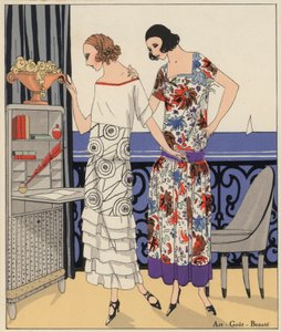 Moda femminile degli anni Venti degli stilisti Philippe e Gaston e Martial e Armand. (litografia a colori)
