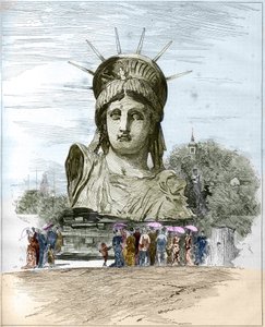 Esposizione Universale del 1878 a Parigi: la testa della Statua della Libertà di Frederic Auguste Bartholdi (1834-1904). Incisione di Edgard Morin in "The Illustrous World" n°1111 del 13 luglio 1878. da French School