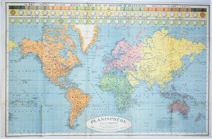 Mappa del mondo dei diversi fusi orari, pubblicata da Blondel La Rougery a Parigi c.1920