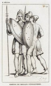 X secolo, gruppo di soldati di fanteria (incisione)