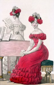 Giovane donna in abito da sera di crepe con un elaborato copricapo, pubblicità in Modes de Paris, c.1825 da French School