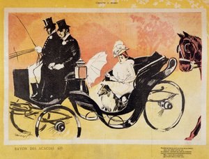 Giovane donna in carrozza: "Mentre siede in fondo alla sua carrozza, con il suo cane rasato sul sedere, il vanitoso aiutante che paga per la pimbeche, probabilmente lascia sua moglie nella deche, ma può essere convinto che entrambi lo rendono cornuto" - di da French School