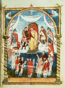 Re Carlo II riceve una Bibbia dal Conte Vivian e dai Monaci di Saint-Martin de Tours, dalla Prima Bibbia di Carlo il Calvo, c.843-51 da French School