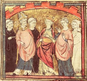 Dagoberto I (605-39), Re dei Franchi che riceve il Regno di Francia, dalle Grandes Chroniques de France, 1375-79 da French School