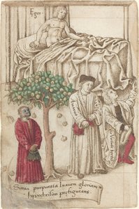 Una scimmia in viola con un uomo malato, un uomo buono e un avaro (fol. 36 verso) da French early 16th Century