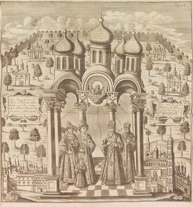 Feodor III, Pietro I, Ivan V e Patriarca Adriano I. Da Das veraenderte Russland..., 1721 da Friedrich Christian Weber