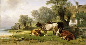 Bovini in un cortile di una fattoria lungo un fiume con un pescatore oltre, 1881 da Friedrich Johann Voltz