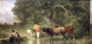 Bovini che si abbeverano a uno stagno nel bosco da Friedrich Johann Voltz
