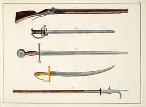 Armi tra cui spade e lance, c.1400, tavola da A History of the Development and Customs of Chivalry, di Dr. Franz Kottenkamp, pubblicato da Carl Hoffmann, 1842