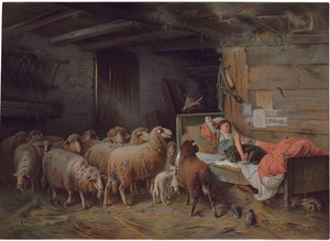 Placca raffigurante un pastore addormentato con il suo cane, un gregge incustodito al suo fianco, fine XIX - inizio XX secolo da Friedrich Otto Gebler