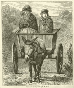 Bambini su un carretto trainato da asini (incisione)