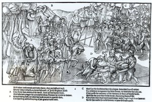 Il capo irlandese riceve la benedizione del prete prima di partire per combattere gli inglesi, che sono mostrati in armatura completa, tavola 4 da 