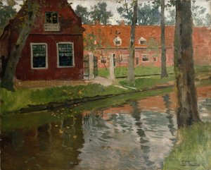 Da Vollendam, casa rossa, acqua da Fritz Thaulow