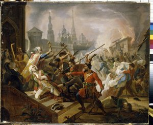 Guerra dei contadini russi del 1773-1775: la battaglia di Kazan nel luglio 1774, scena della rivolta di Emelian Ivanovitch Pougatchev da Fyodor Antonovich Molier