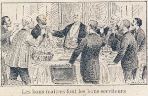 Doveri del bambino a scuola: Doveri dei maestri e dei capi verso i servi e i lavoratori. "Buoni maestri fanno buoni servi." Incisione in "Il libro unico di moralità e istruzione civica, destinato agli studenti dei tre corsi della Scuola Primaria" da G. Dascher