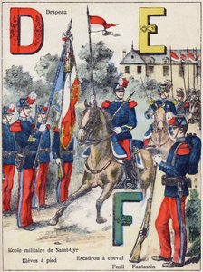 Lettere D E F: Bandiera, Scuola Militare di Saint-Cyr (Saint Cyr), Allievi a piedi, Squadrone a cavallo, Fucile e Fante, c.1900 (litografia)
