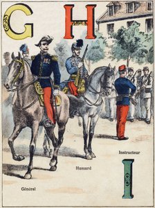 Lettere G H I: Generale, Ussaro e Istruttore. Incisione in "Alphabet militaire", serie Grand-Bebe. Incisione. Imaging di Pont-a-Mousson. Louis Vagne, Stampatore-Editore, circa 1900. Illustrazioni di G. Dascher