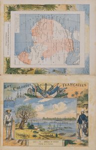 Mappa delle possessioni francesi e delle sfere di influenza in Africa e una vista del fiume Senegal, copertina di un quaderno scolastico, fine XIX secolo