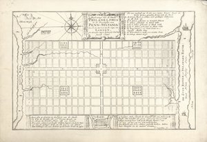 Il primo piano di Filadelfia, ideato da William Penn e Thomas Holme nel 1682, 1684 da G. Drogenham