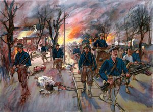Il treno delle munizioni e le riserve del ventesimo volontari del Kansas, colonnello Frederick Funston, marcia attraverso Caloocan di notte dopo la battaglia del 10 febbraio da G. W. Peters