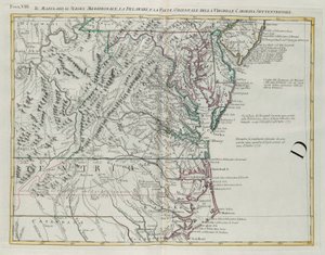 Maryland, sud del New Jersey, Delaware e la parte orientale della Virginia e della Carolina del Nord, incisione di G. Zuliani tratta dal Tomo I del "Novissimo Atlante" pubblicato a Venezia nel 1778 da Antonio Zatta, Collezione Privata da G. Zuliani
