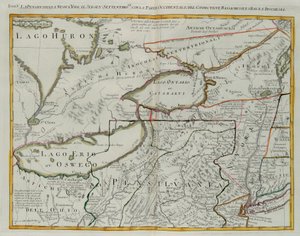 Pennsylvania, New York, sud del New Jersey, con la parte occidentale del Connecticut, Massachusetts Bay e Terra degli Irochesi, incisione di G. Zuliani tratta dal Tomo I del "Nuovissimo Atlante" pubblicato a Venezia nel 1778 da Antonio Zatta, Collezione Pr da G. Zuliani