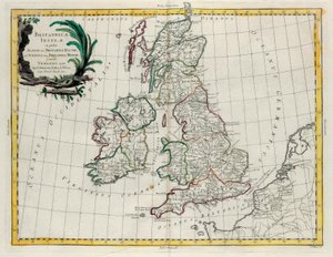 Le Isole Britanniche in cui si trovano Albion o Gran Bretagna e Ivernia o Piccola Bretagna, incisione di G. Zuliani tratta dal Tomo I del Nuovissimo Atlante pubblicato a Venezia nel 1785 da Antonio Zatta