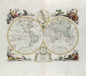 Mappa del mondo e una descrizione generale del globo, incisione di G. Zuliani tratta dal Tomo I del Nuovissimo Atlante pubblicato a Venezia nel 1774 da Antonio Zatta