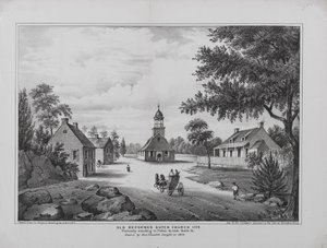 Vecchia Chiesa Riformata Olandese nel 1776, disegnata da Miss Elizabeth Sleight nel 1808, stampata per il Manuale della Città di Brooklyn di H. McCloskey, 1864 da G. after Hayward