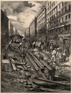 La funicolare di Belleville, posa dei binari, rue de Belleville nel 1894. Incisione dal disegno di M.G. de Burgrraff. In 