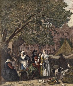 Il mercato delle erbe di Amsterdam. Incisione del XIX secolo dopo il dipinto di Gabriel Metsu (1629-1667). da Gabriel (after) Metsu