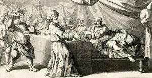 Gesù invitato a cena con il fariseo, illustrazione dal Vangelo di San Luca, capitolo 11:37, 1728 da Gabriel Francois Louis Debrie